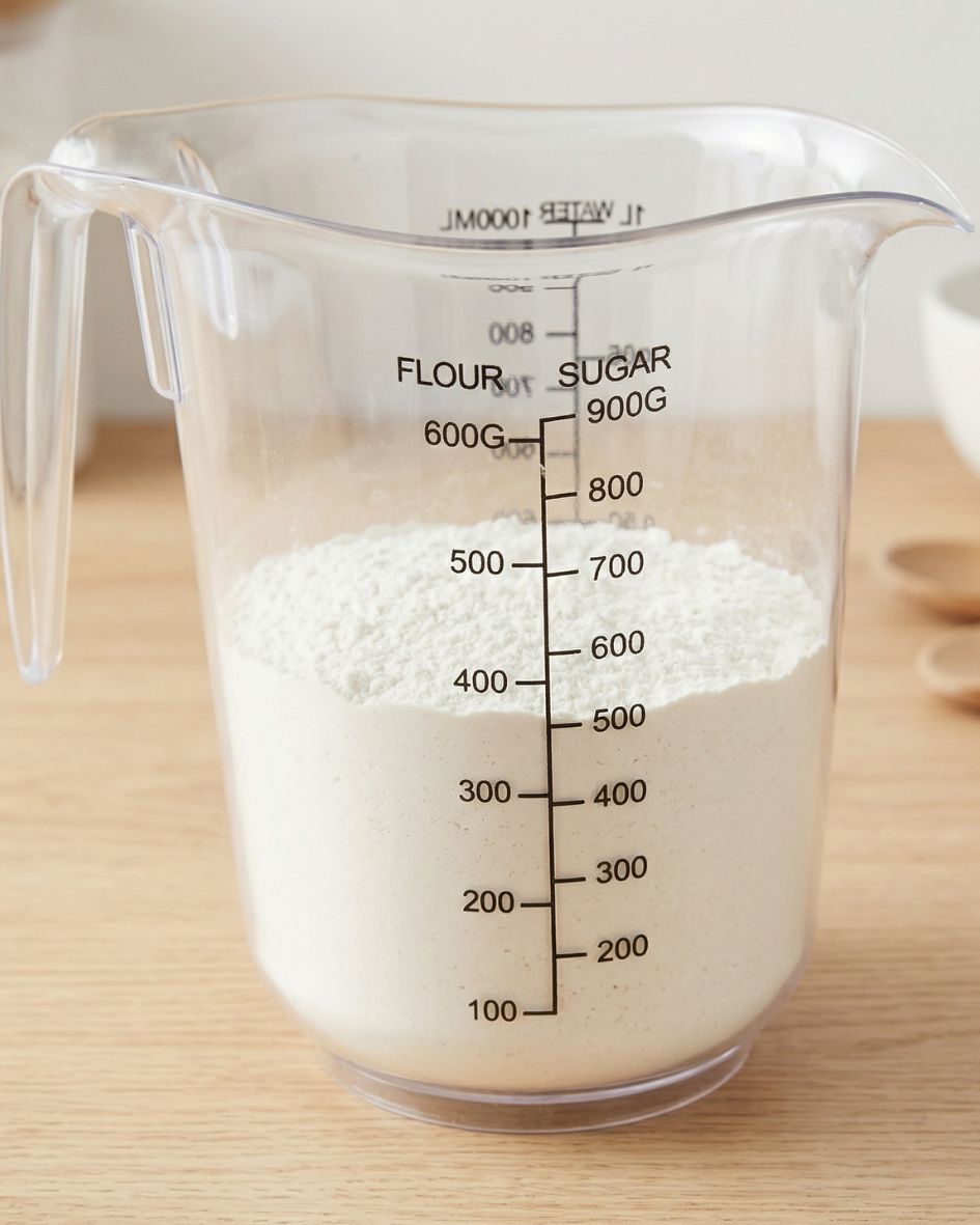 Jarra medidora plástica transparente com farinha branca e marcações de medição