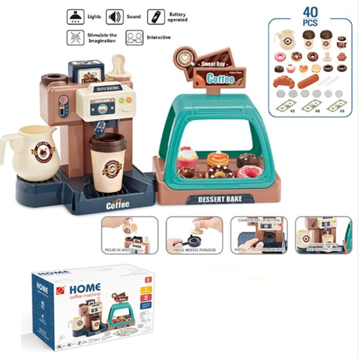 Brinquedo máquina de café e vitrine com sobremesas coloridas e acessórios em caixa
