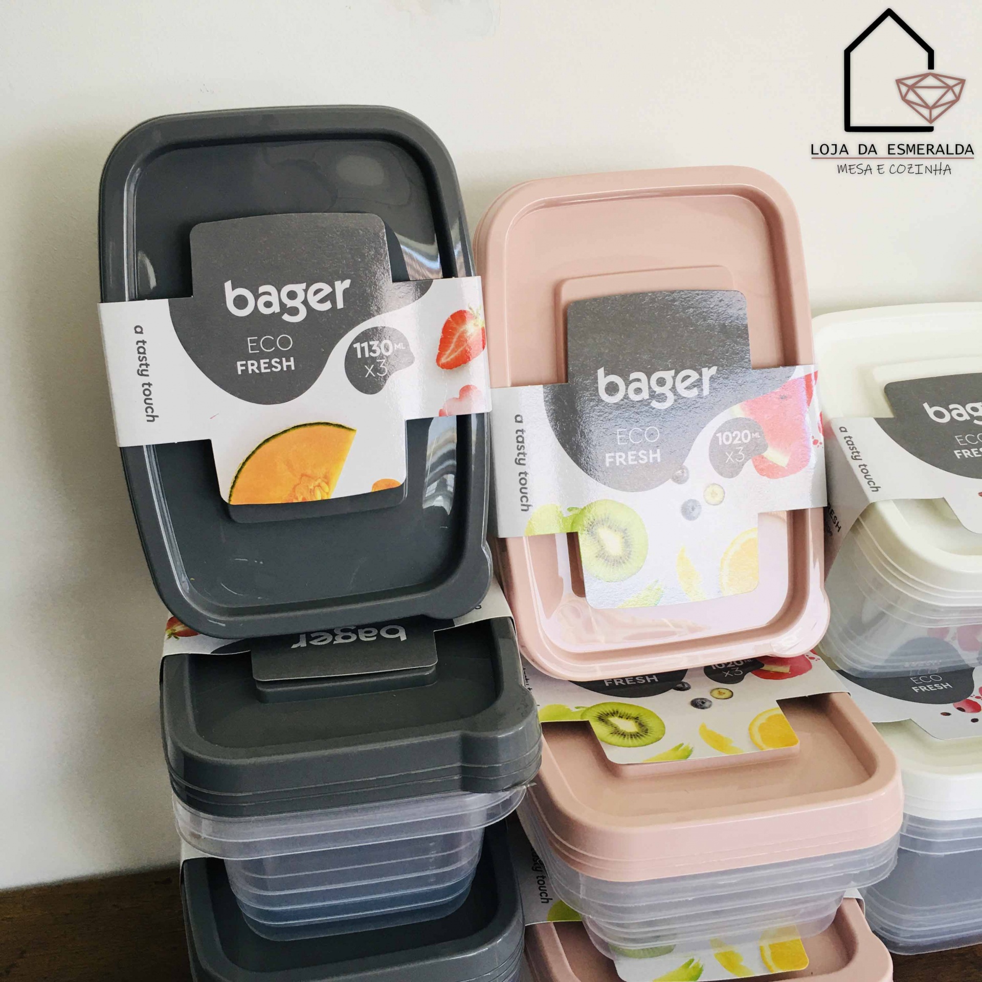 Caixas de armazenamento alimentar Bager Eco Fresh com tampas coloridas e rótulos