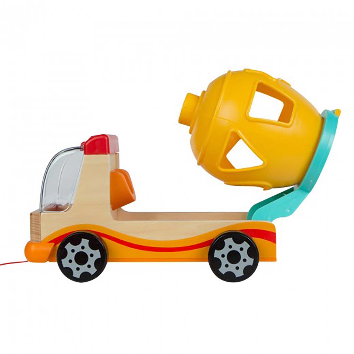 Carrinho de cimento em madeira colorido com rodas pretas e cinza