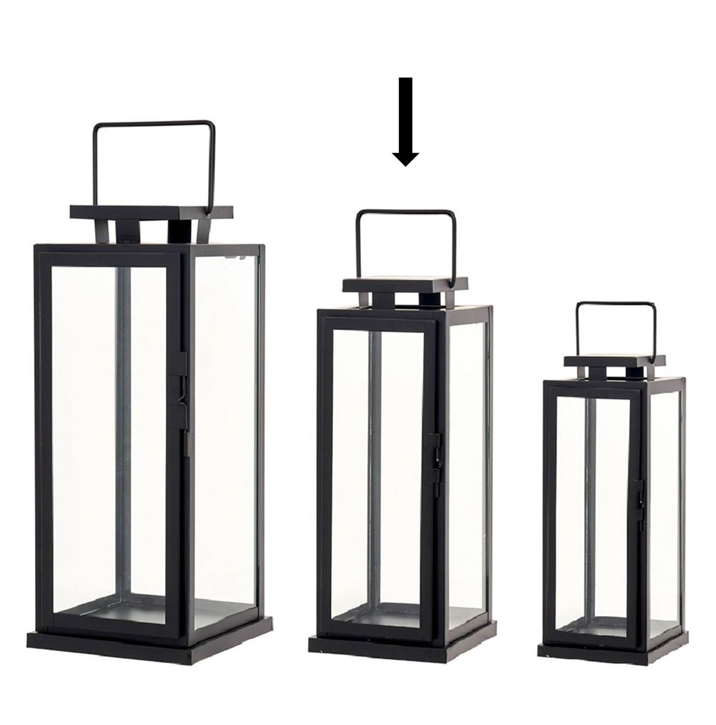 conjunto de três lanternas retangulares de metal preto e vidro