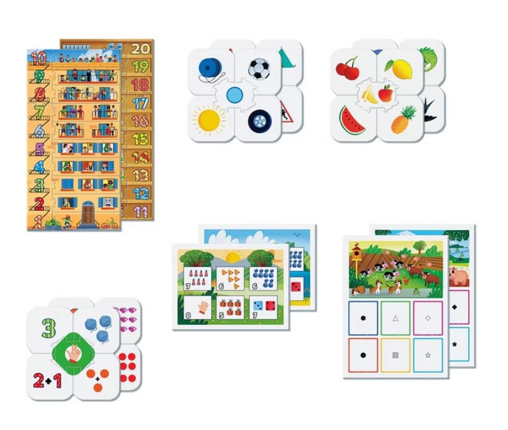 Jogos infantis de cartão com números, frutas, bolas, e ilustrações de animais e objetos