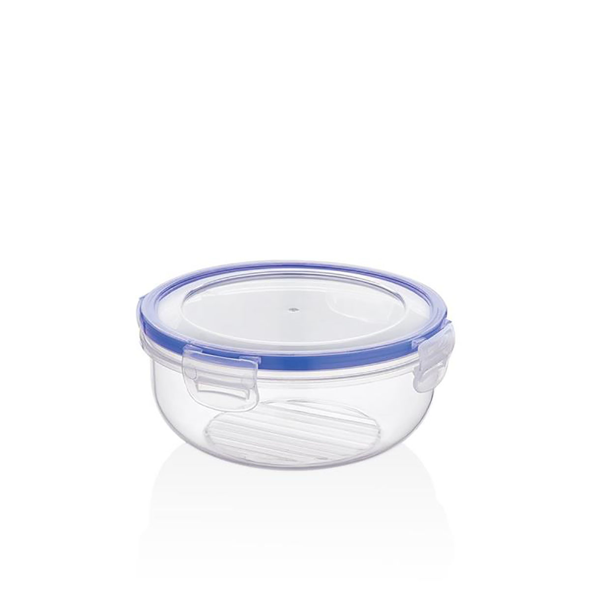 Recipiente redondo transparente de plástico com tampa e fechos azuis e brancos