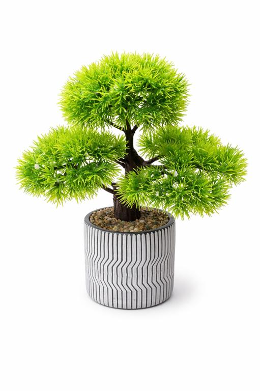 Planta artificial verde em vaso cinzento com padrão preto