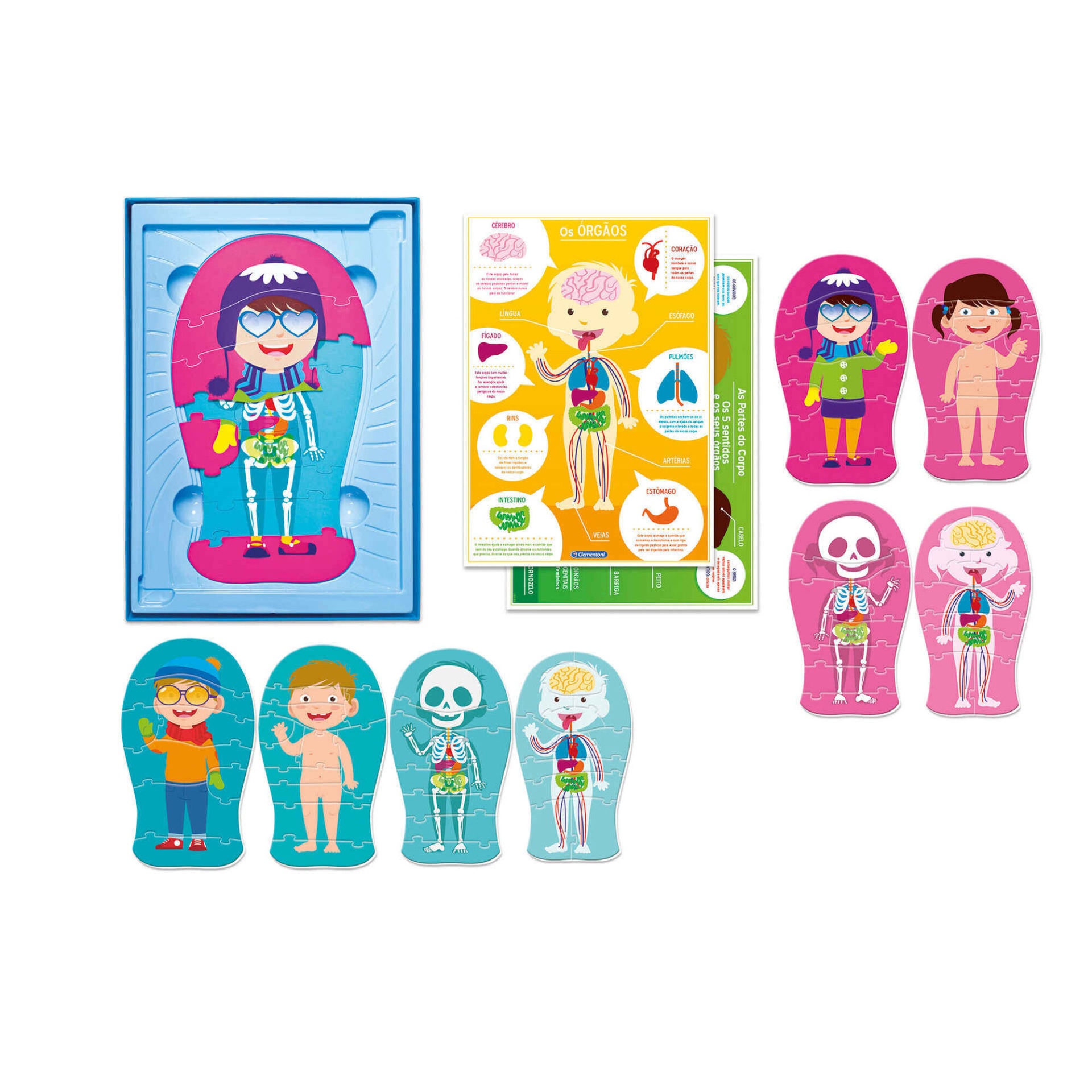 Conjunto de puzzle infantil com crianças, esqueletos e órgãos internos em cores vibrantes
