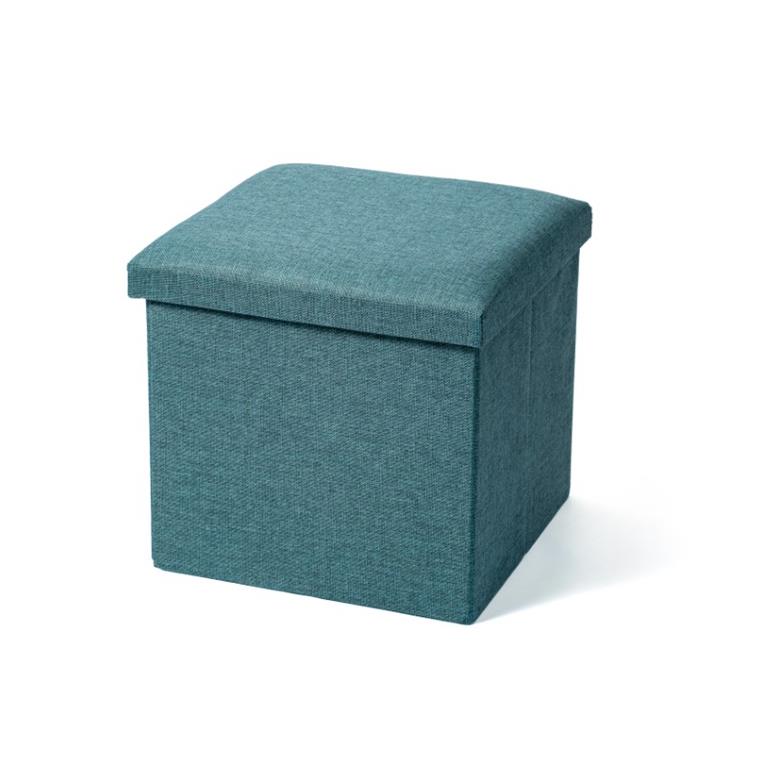 Pufe quadrado azul com tampo almofadado em tecido