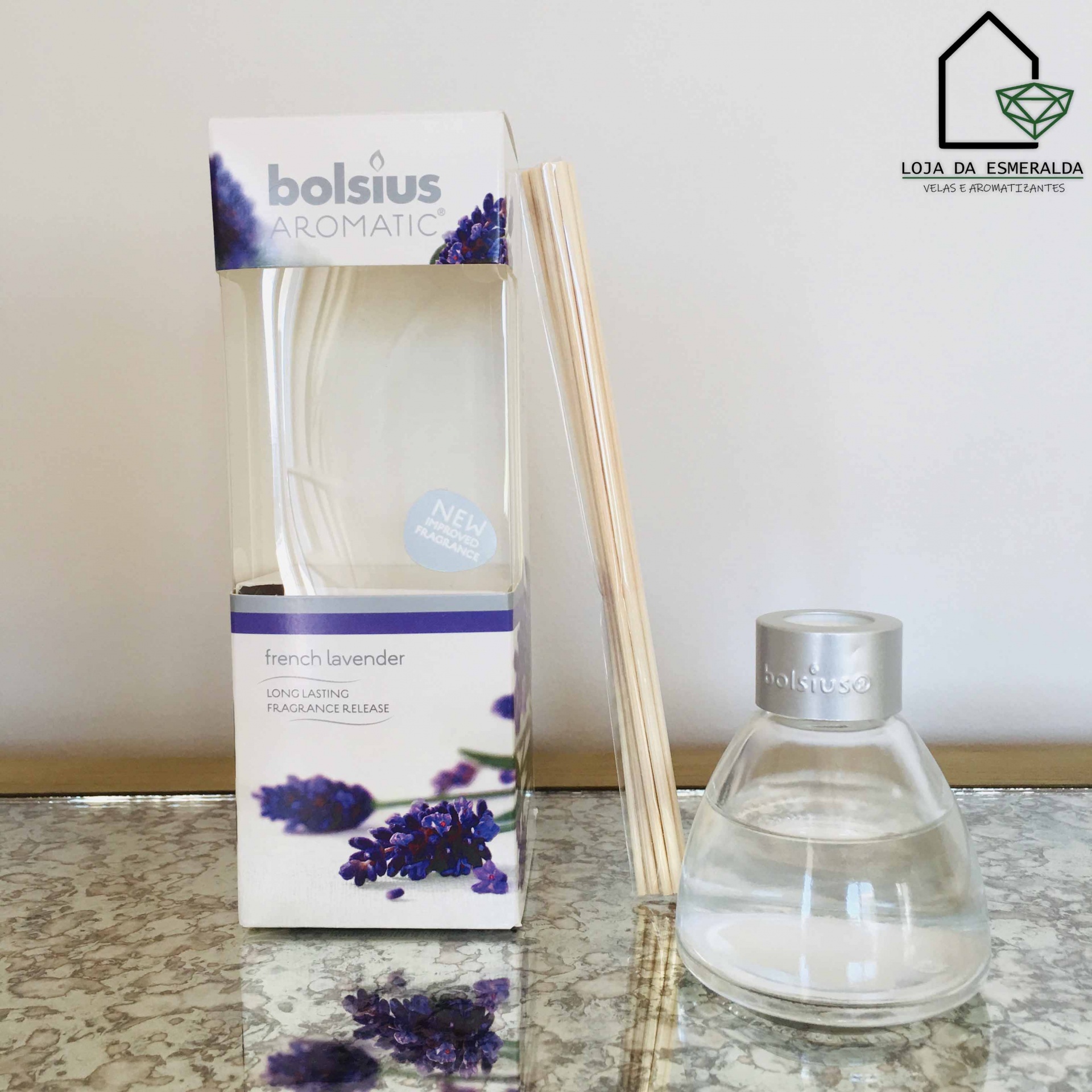 Conjunto difusor aromático Bolsius Aromatic French Lavender com embalagem, palitos de madeira e frasco em vidro