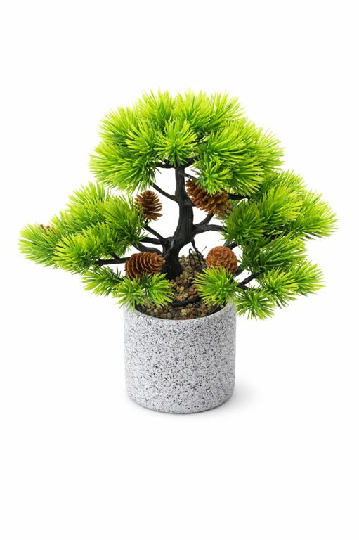Planta artificial estilo bonsai com pinhas num vaso cinzento