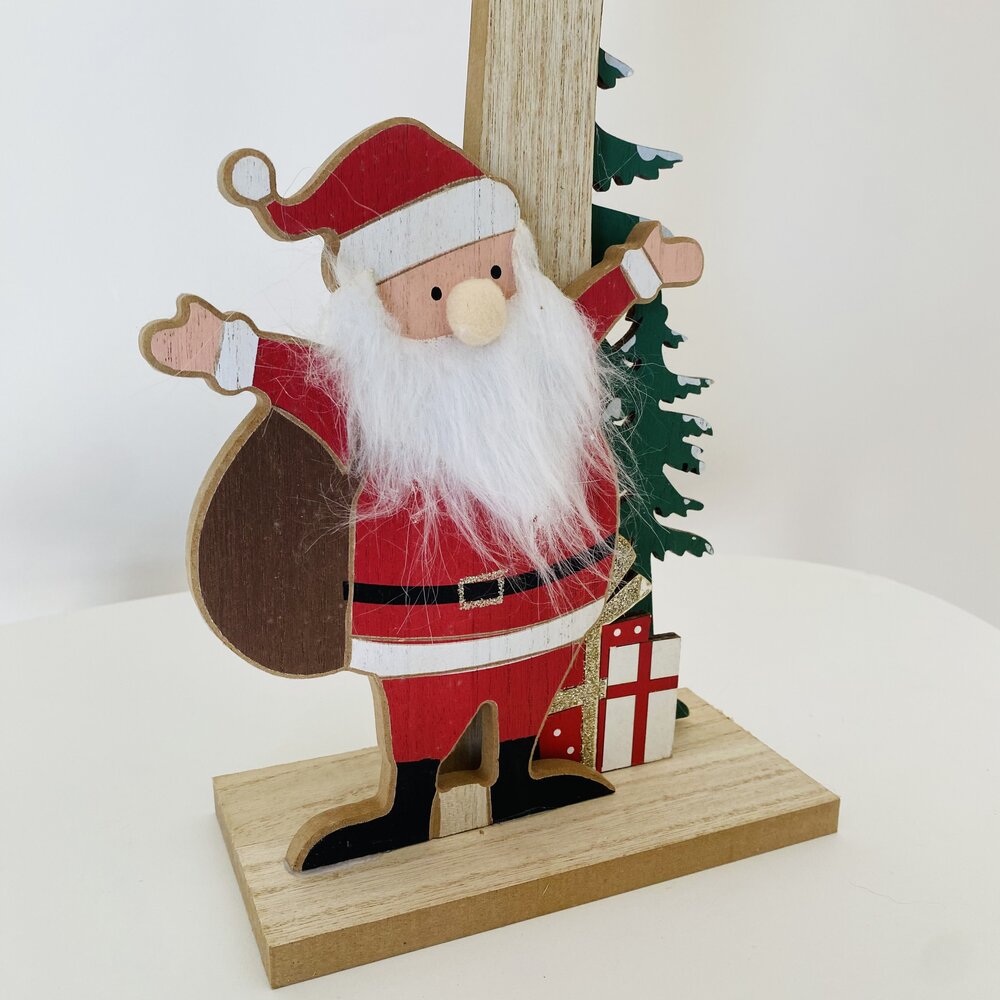 Figura decorativa de madeira do Pai Natal com barba branca e traje vermelho