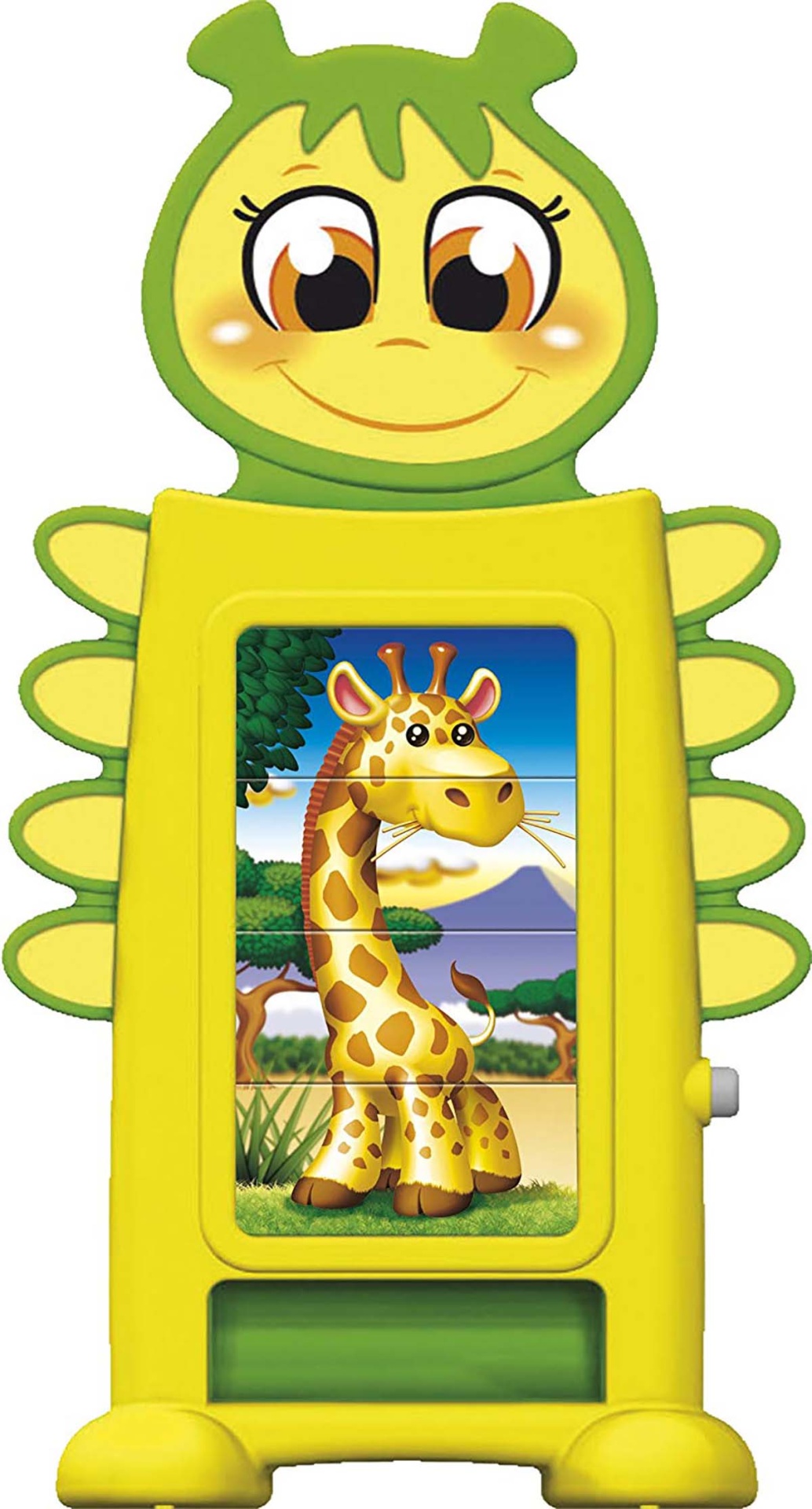 Brinquedo amarelo de plástico em forma de girafa com imagem de girafa na savana