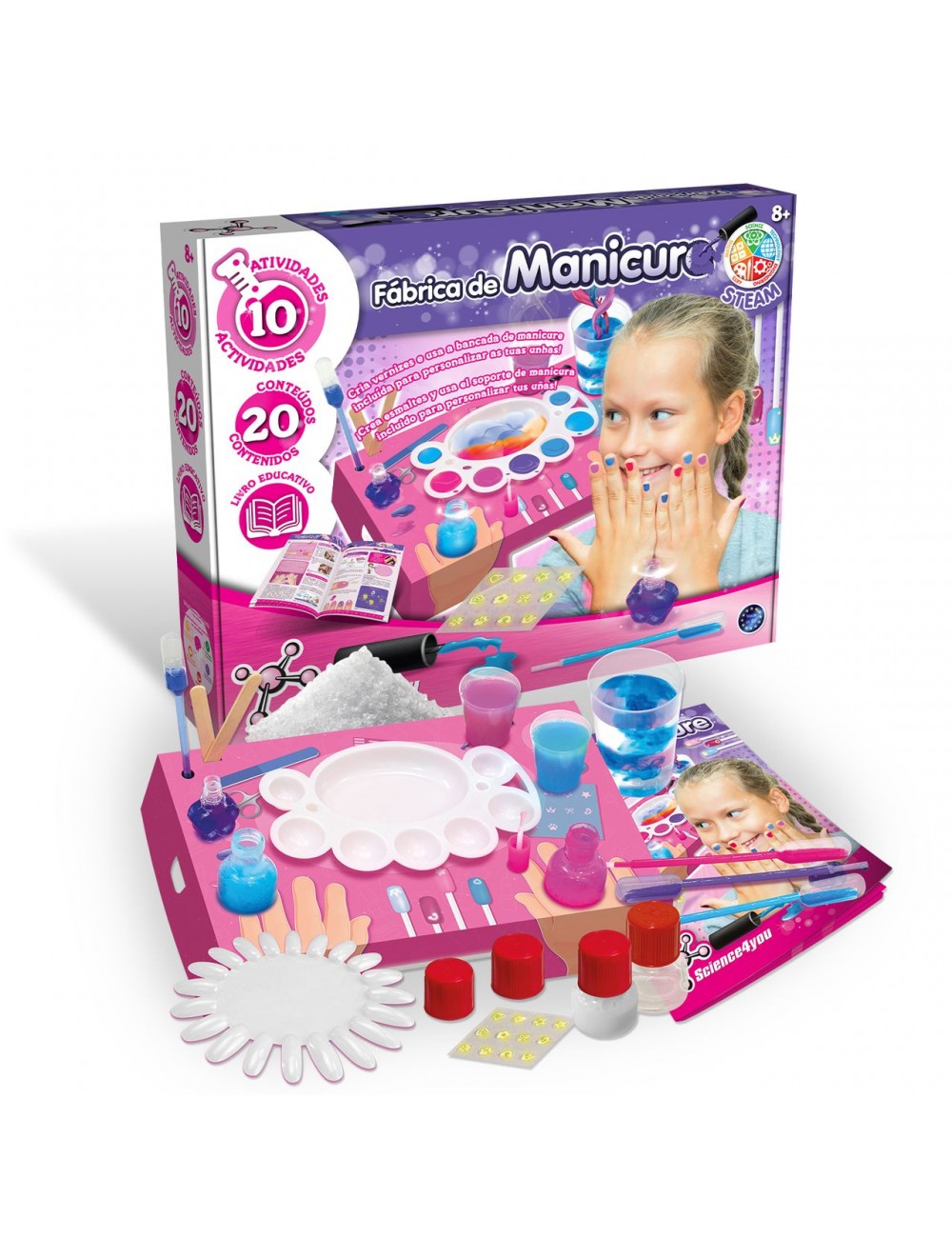 Kit de manicure infantil com caixa roxa e rosa e vários acessórios para manicure.