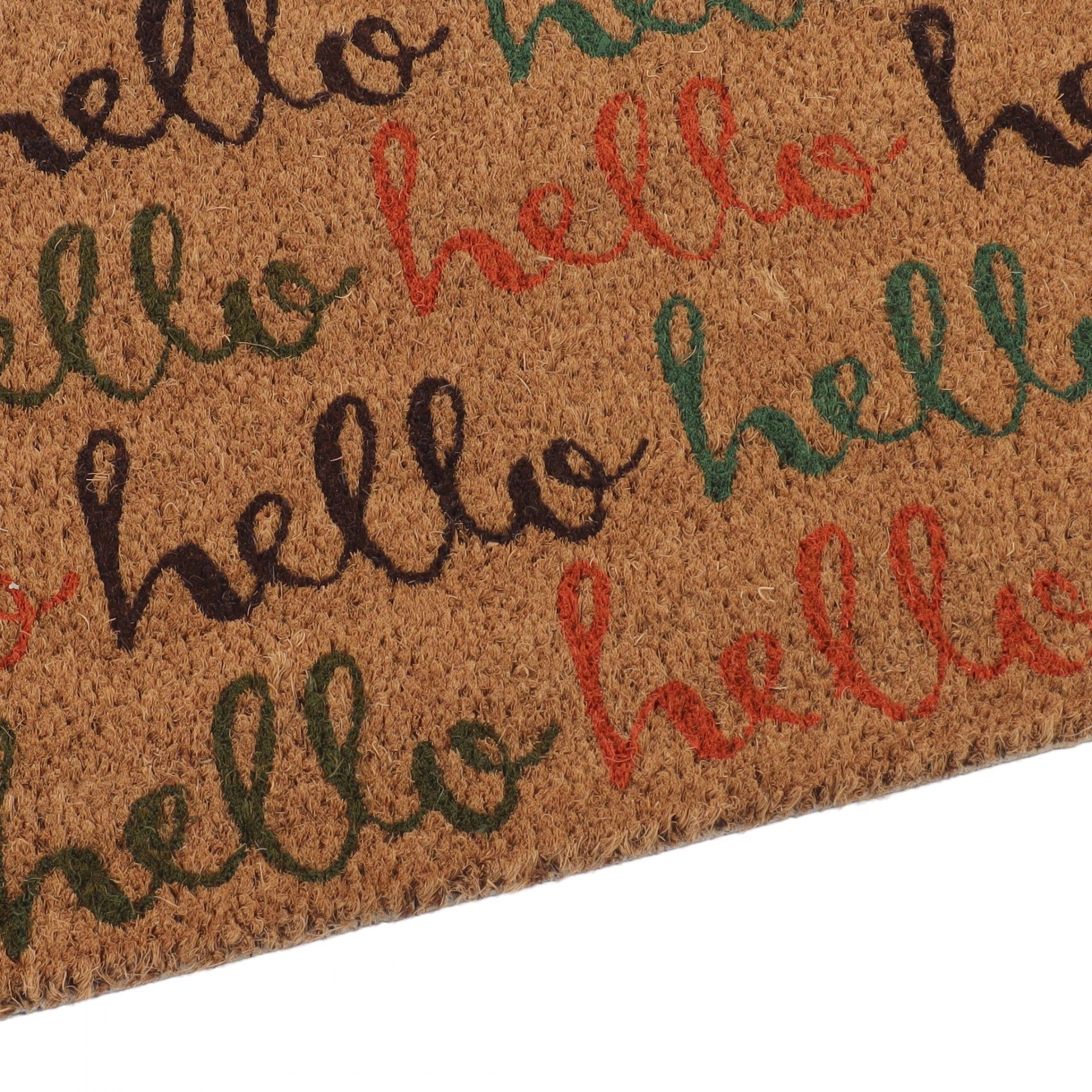 Tapete castanho claro com a palavra 'hello' em verde, vermelho e preto