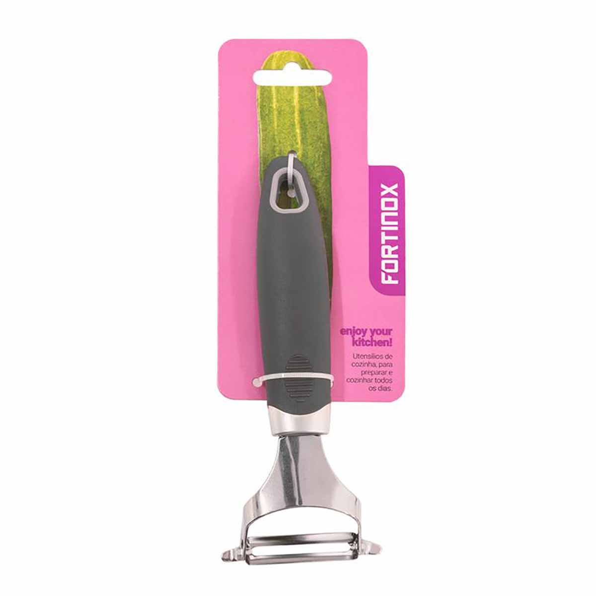 Descascador de vegetais preto com lâmina inox embalado em cartão rosa