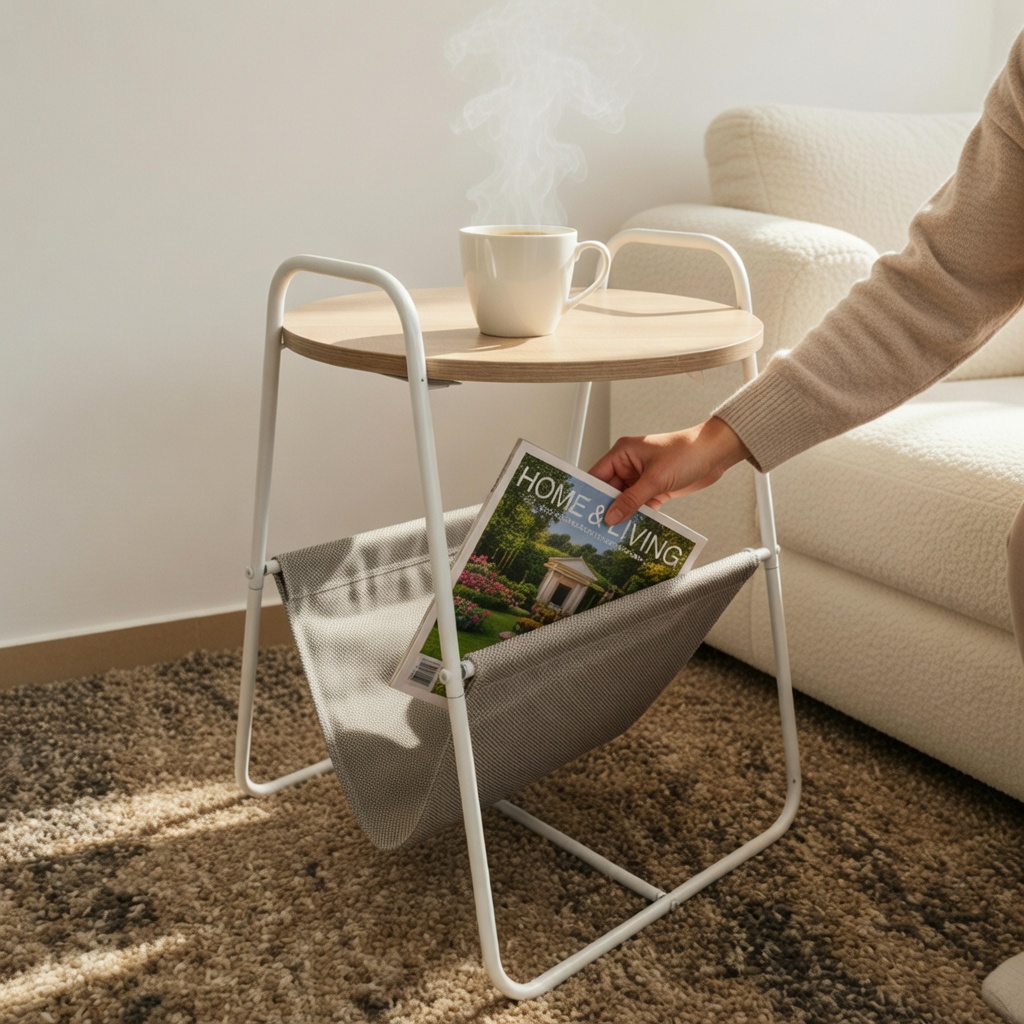 Mesa lateral com tampo de madeira, estrutura branca e suporte em tecido cinzento com revista e chávena branca fumegante ao lado de sofá.