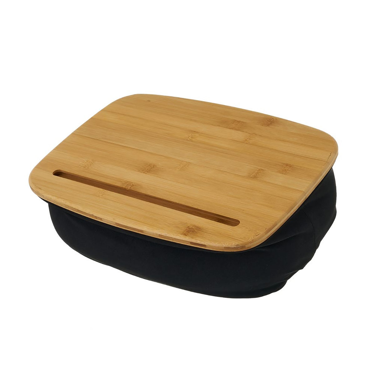 Prato almofadado em madeira clara com base almofadada preta e ranhura