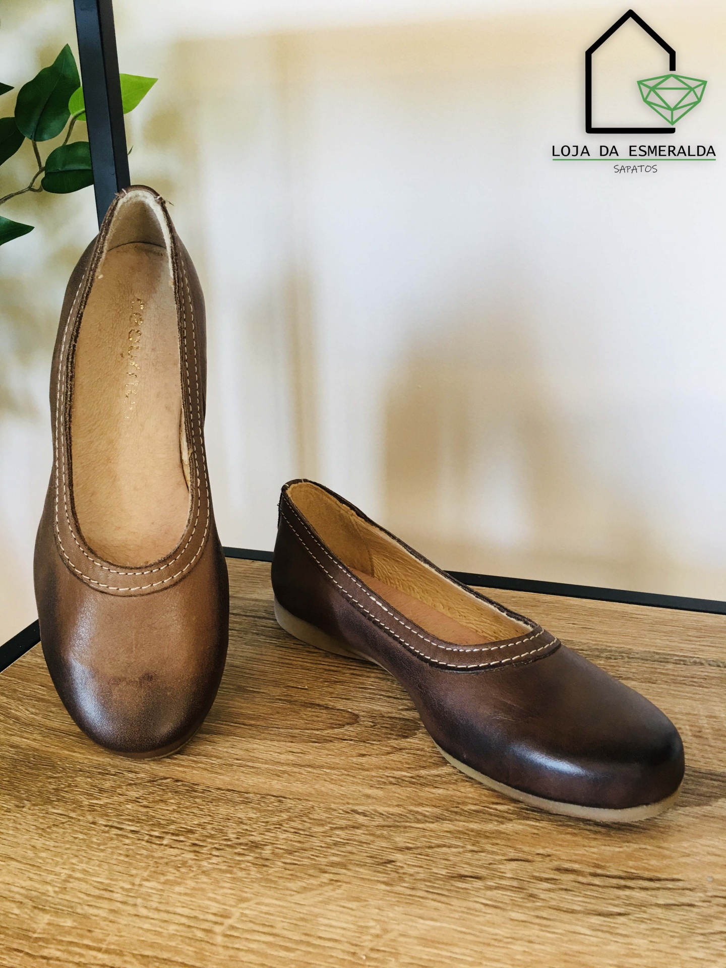 Sapatos de senhora em pele castanha escura com sola clara