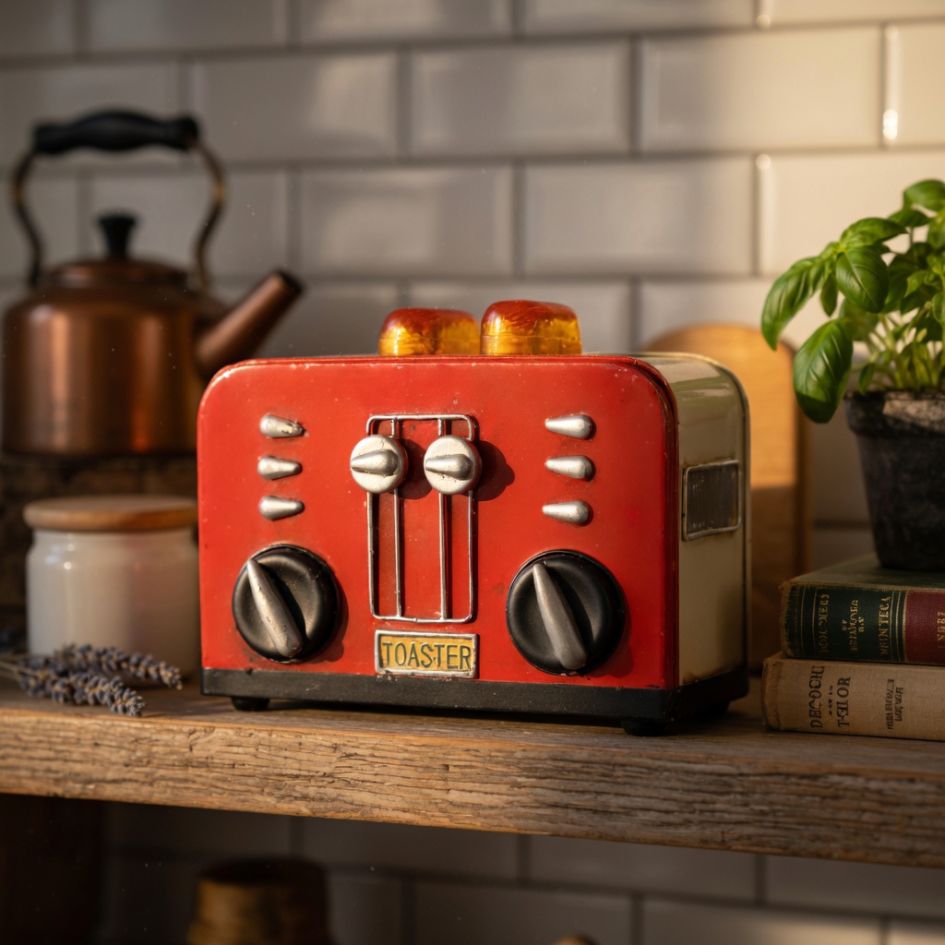Torradeira vermelha e creme com botões pretos numa prateleira de madeira