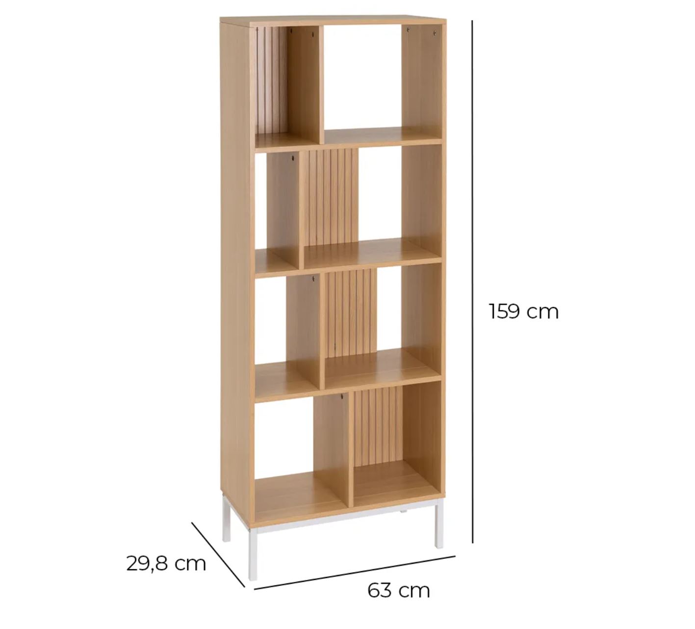 Estante de madeira clara com seis compartimentos e base metálica prateada