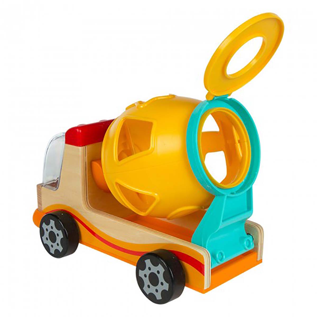 Camioneta de brinquedo com tambor amarela e tampa azul aberta