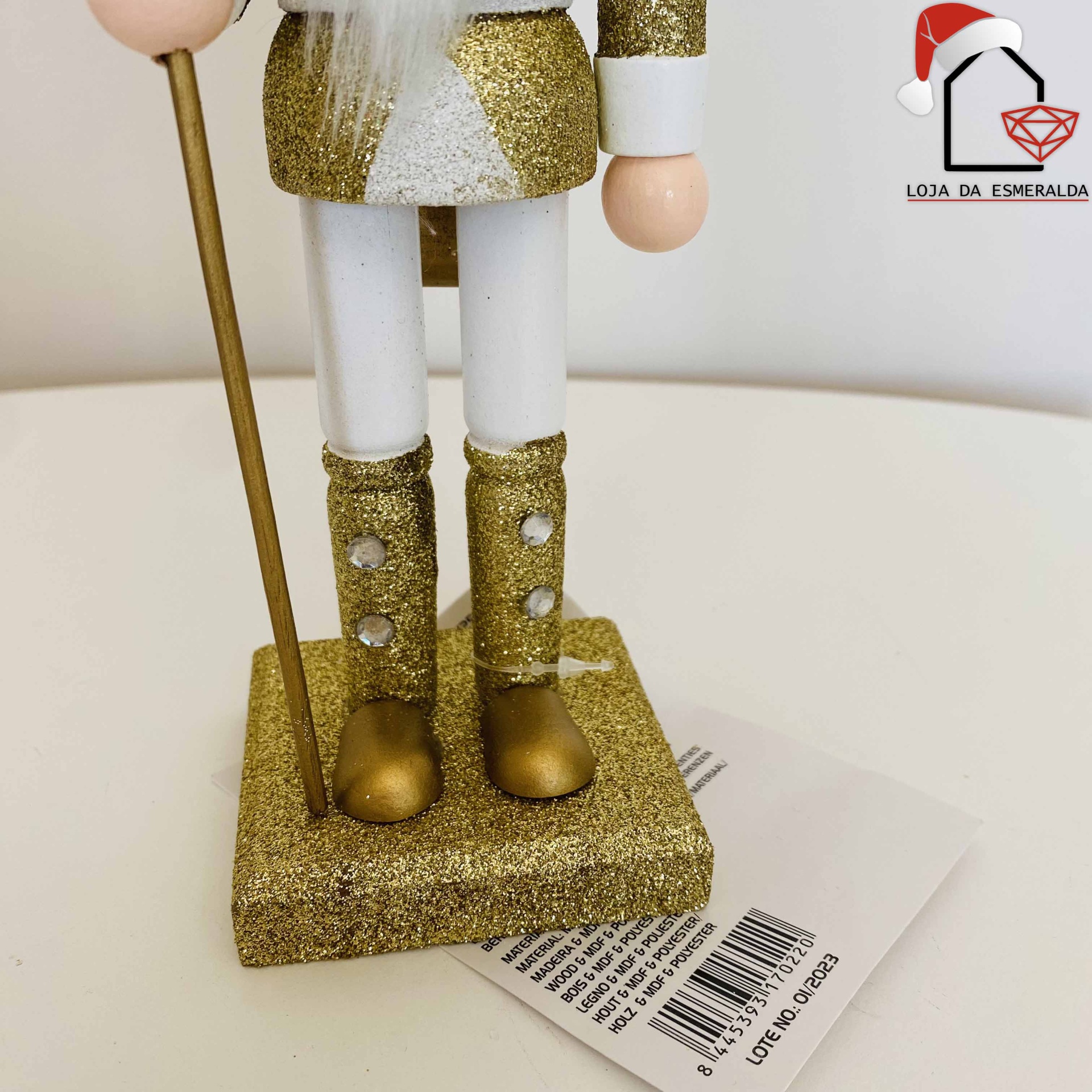 Figura de soldado queixada decorativa dourada e branca com glitter