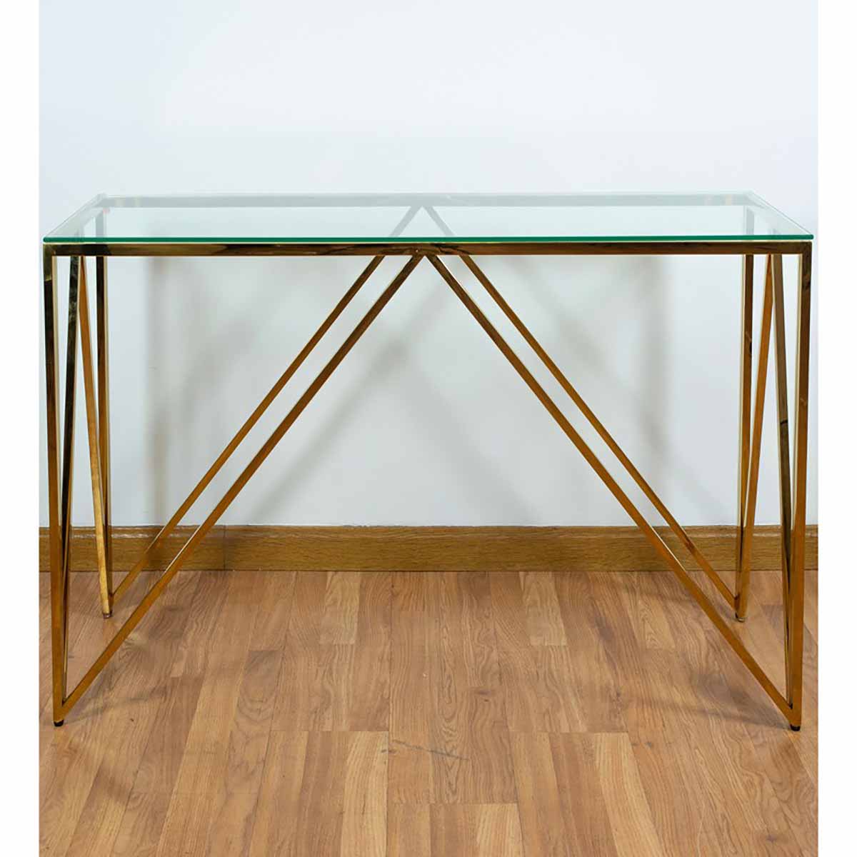 Mesa de vidro com estrutura dourada triangular
