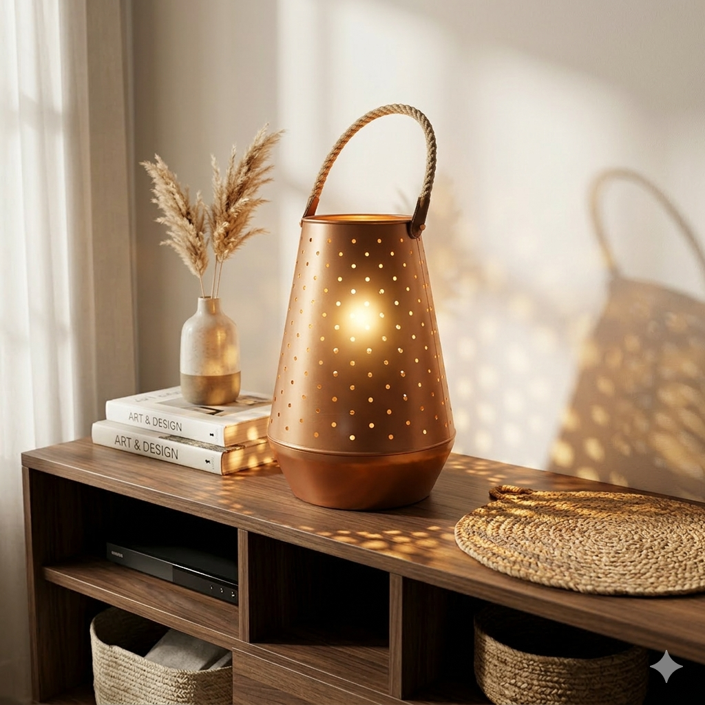 Lanterna de metal bronze com furo, alça de corda, sobre móvel de madeira com vaso e livros.