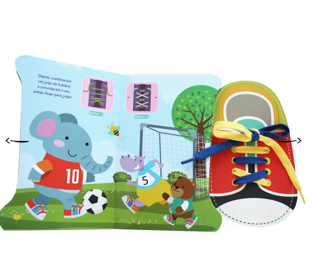 Livro infantil para aprender a fazer laços com sapato de tecido e ilustrações de animais a jogar futebol