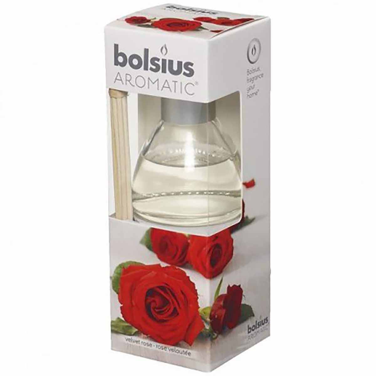 Aromatizador de ambiente Bolsius Aromatic com embalagem decorada com rosas vermelhas