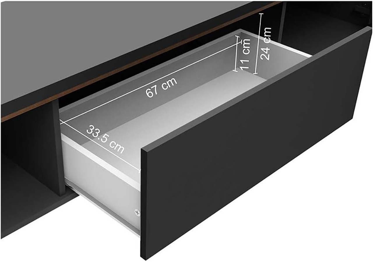 Gaveta preta aberta com interior branco e medidas visíveis