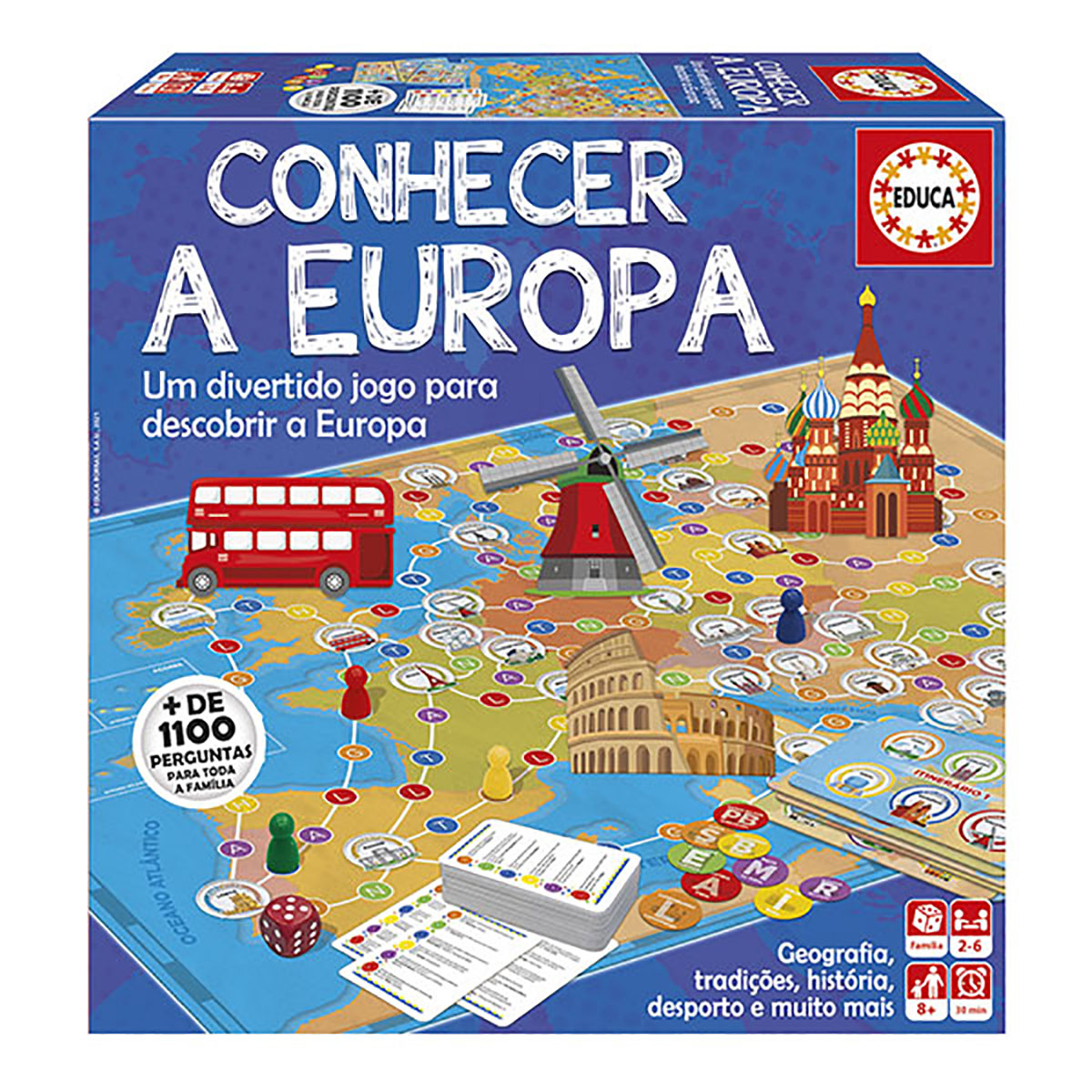 Caixa de jogo educativo 'Conhecer a Europa' com ilustrações coloridas e peças