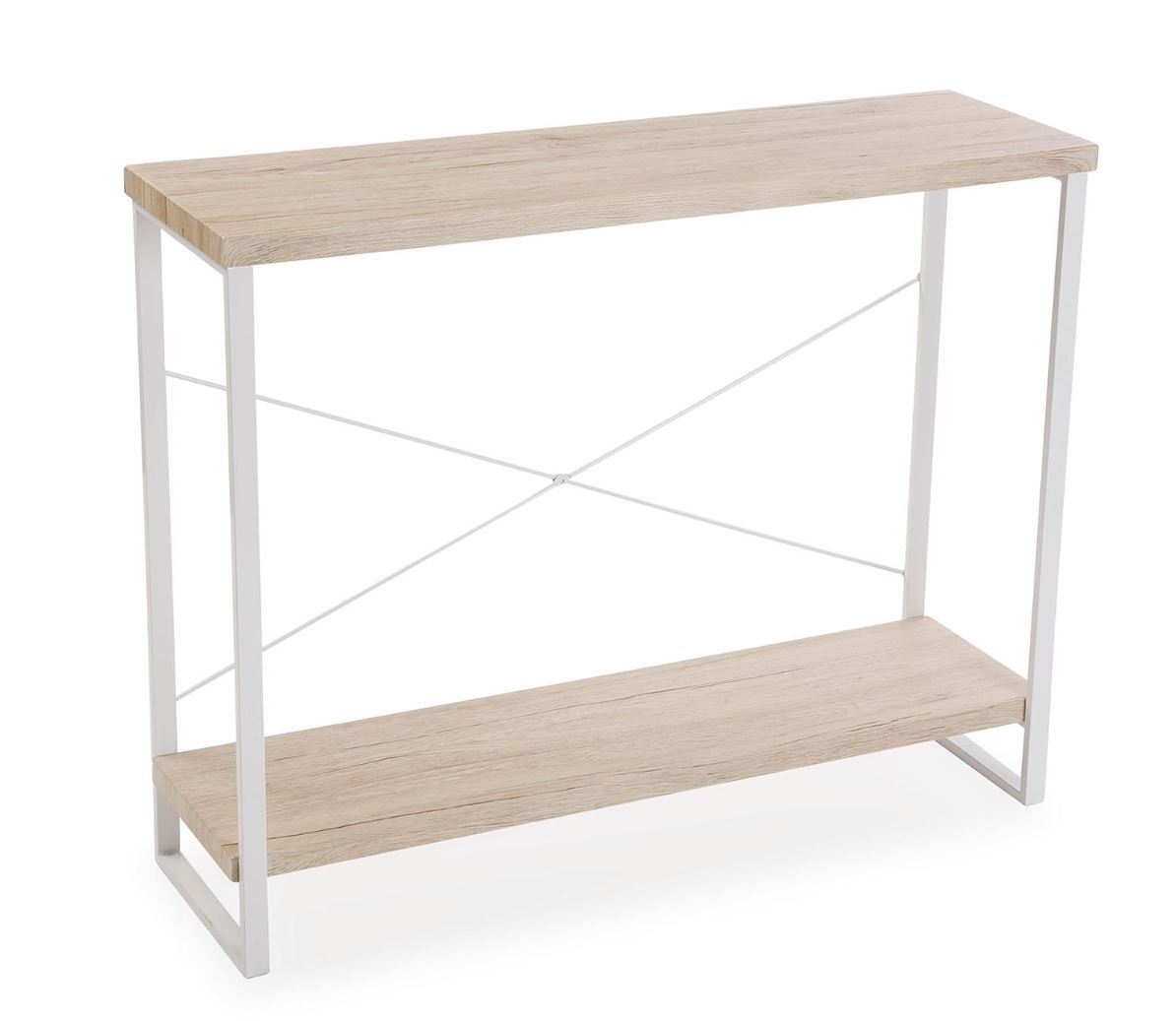 Móvel de madeira clara com estrutura metálica branca e duas prateleiras