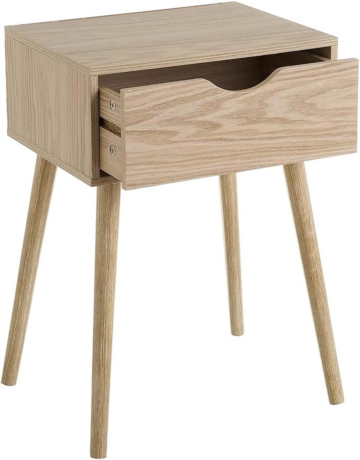 Mesa de cabeceira de madeira clara com gaveta e quatro pernas