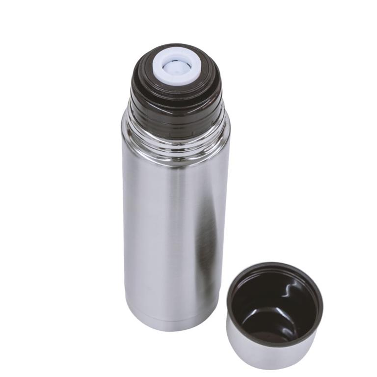 Termo de aço inoxidável prateado com tampa preta removível