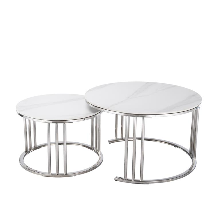 Conjunto de duas mesas de café redondas com tampo branco e estrutura metálica prateada