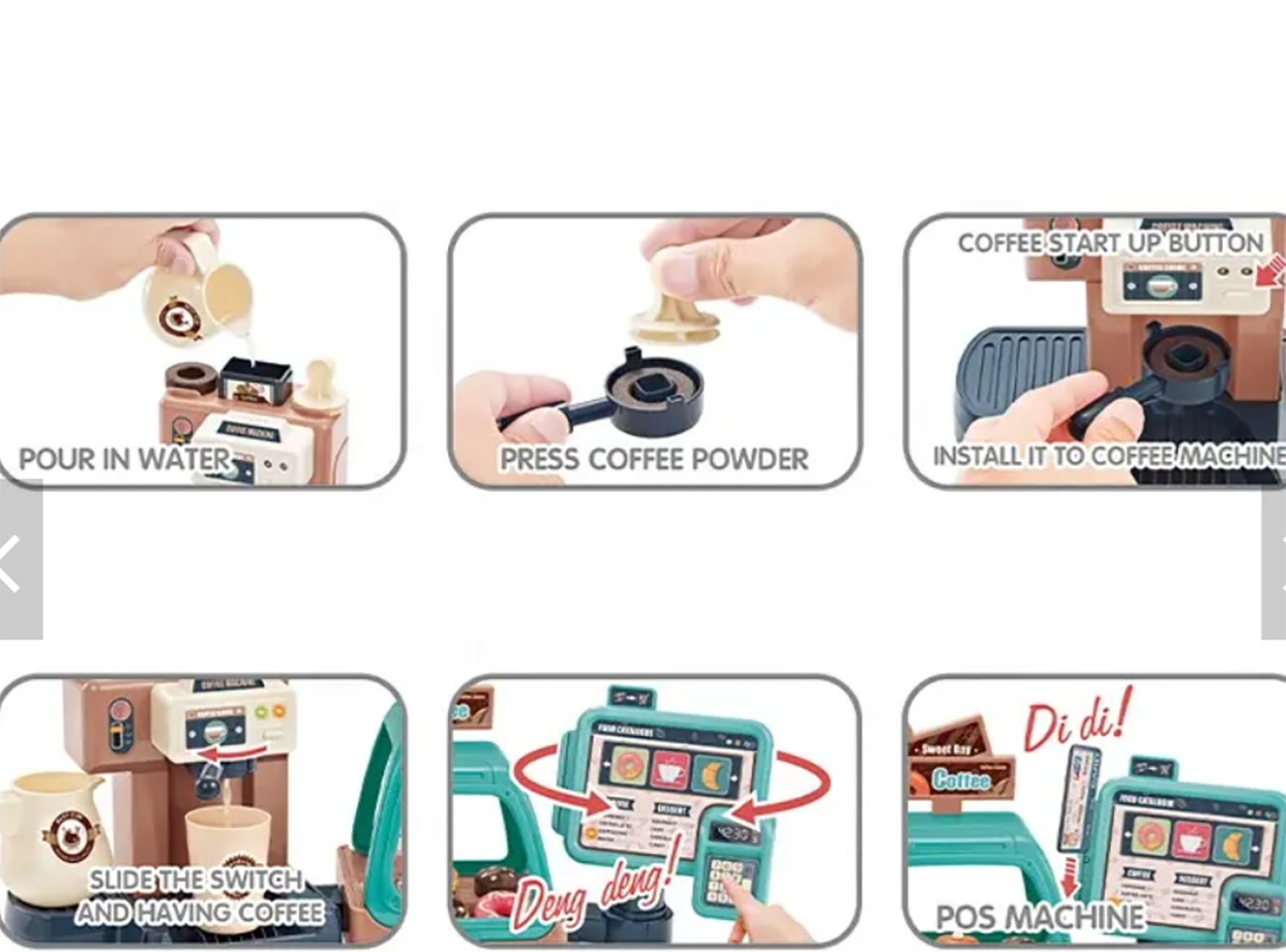 Máquina de café em miniatura com instruções ilustradas em inglês