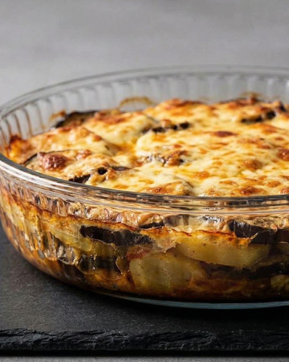 Lasanha de beringela com batata e queijo gratinado em prato de vidro redondo.