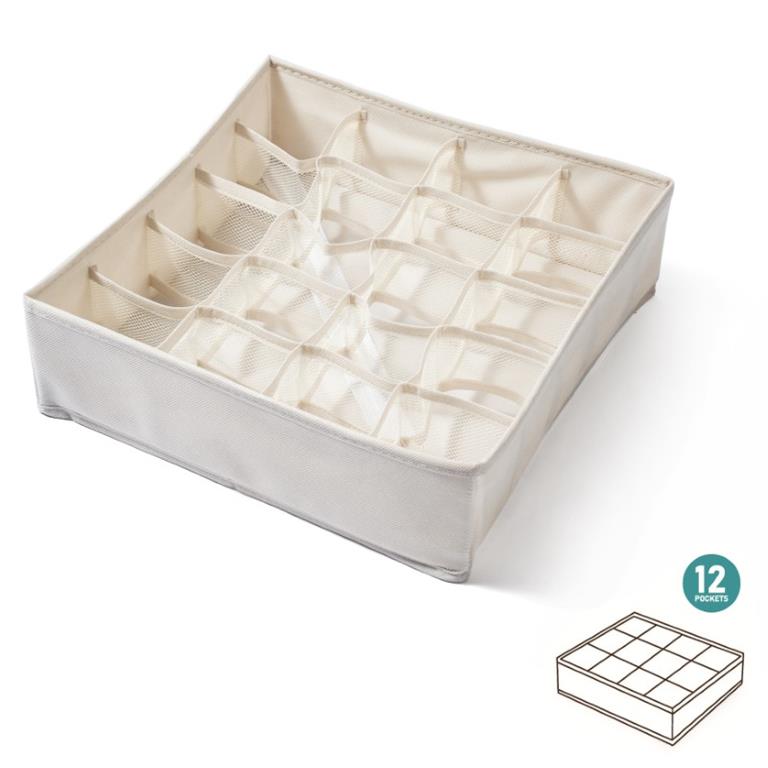 Organizador de gavetas bege claro com 12 compartimentos e ícone de 12 pockets
