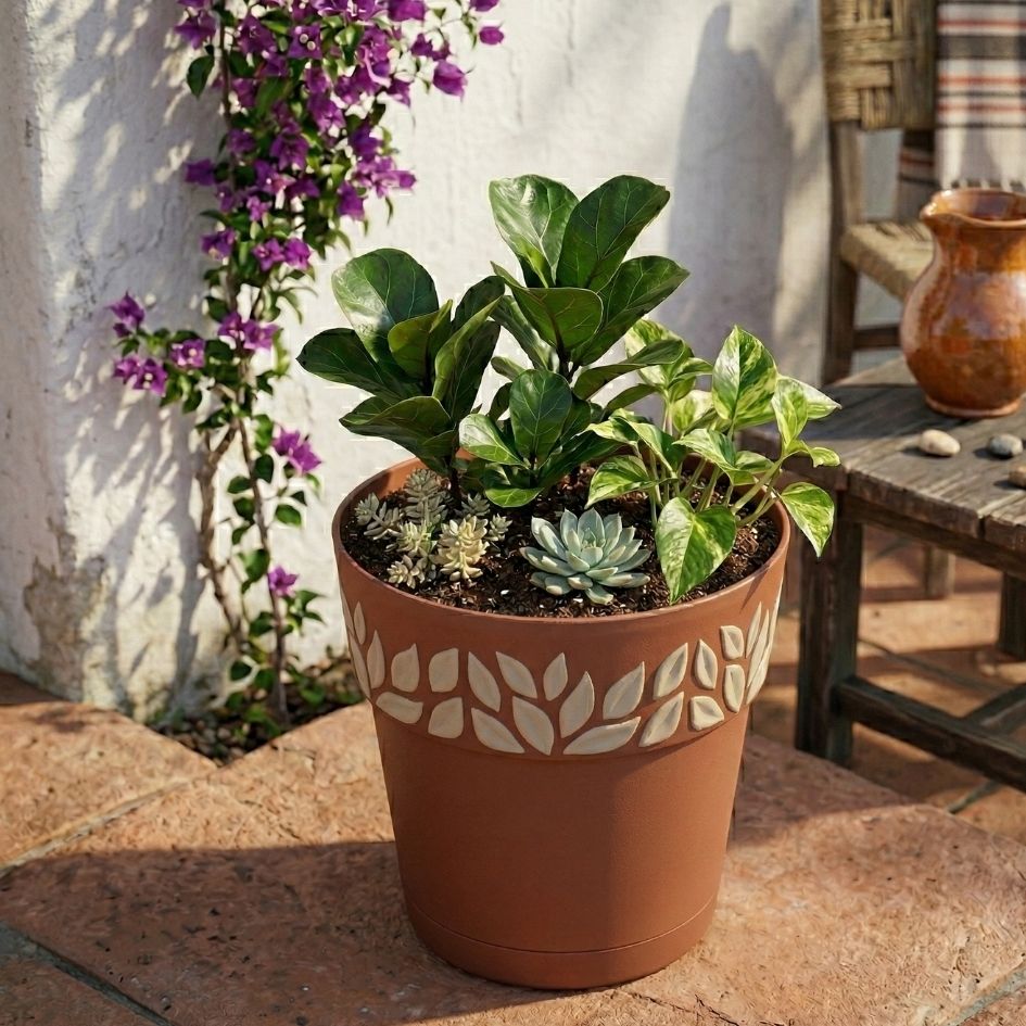 Vaso cerâmica castanha com plantas verdes e suculentas, padrão folhas branco, em superfície de pedra