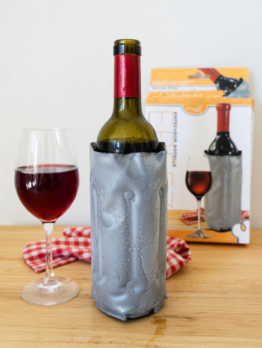 Garrafa de vinho em capa cinza com copo de vinho tinto e embalagem ao fundo