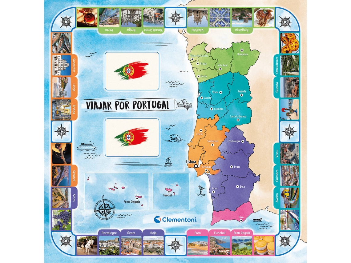 Tabuleiro de jogo colorido com mapa de Portugal e bandeiras portuguesas