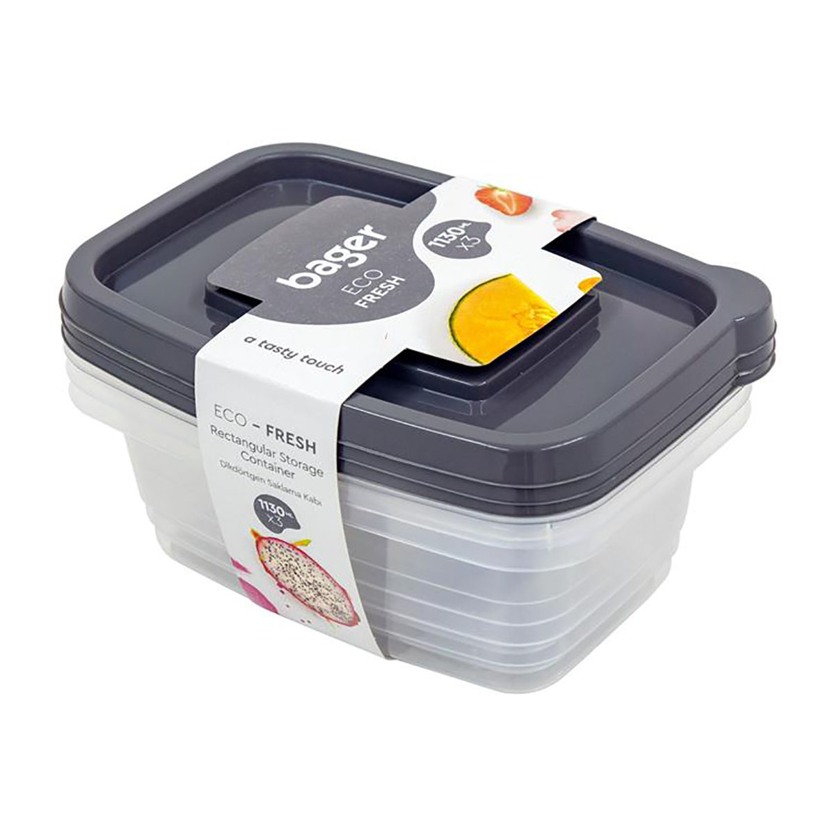 recipiente plástico retangular transparente com tampa cinza escuro e rótulo branco