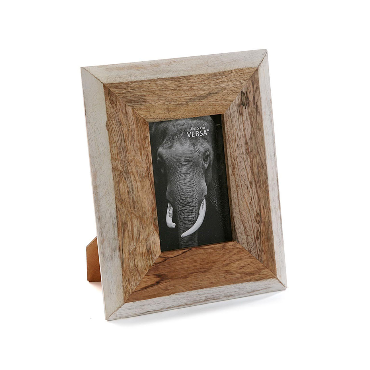 Moldura de madeira rústica com foto de elefante preto e branco