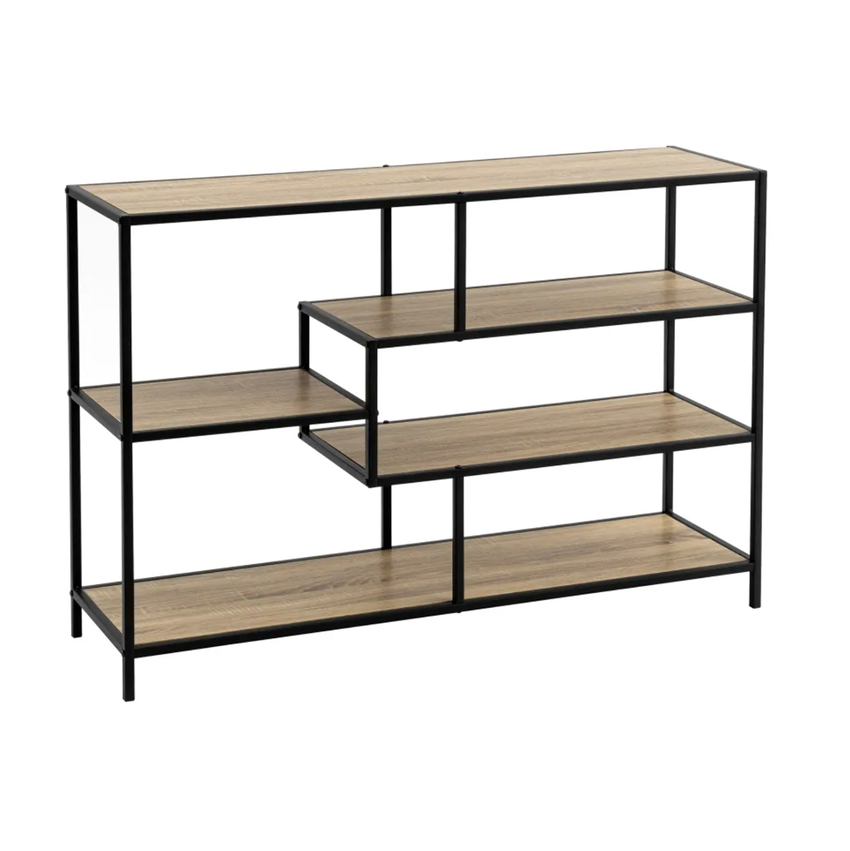 Estante metálica preta com prateleiras em madeira clara, design geométrico