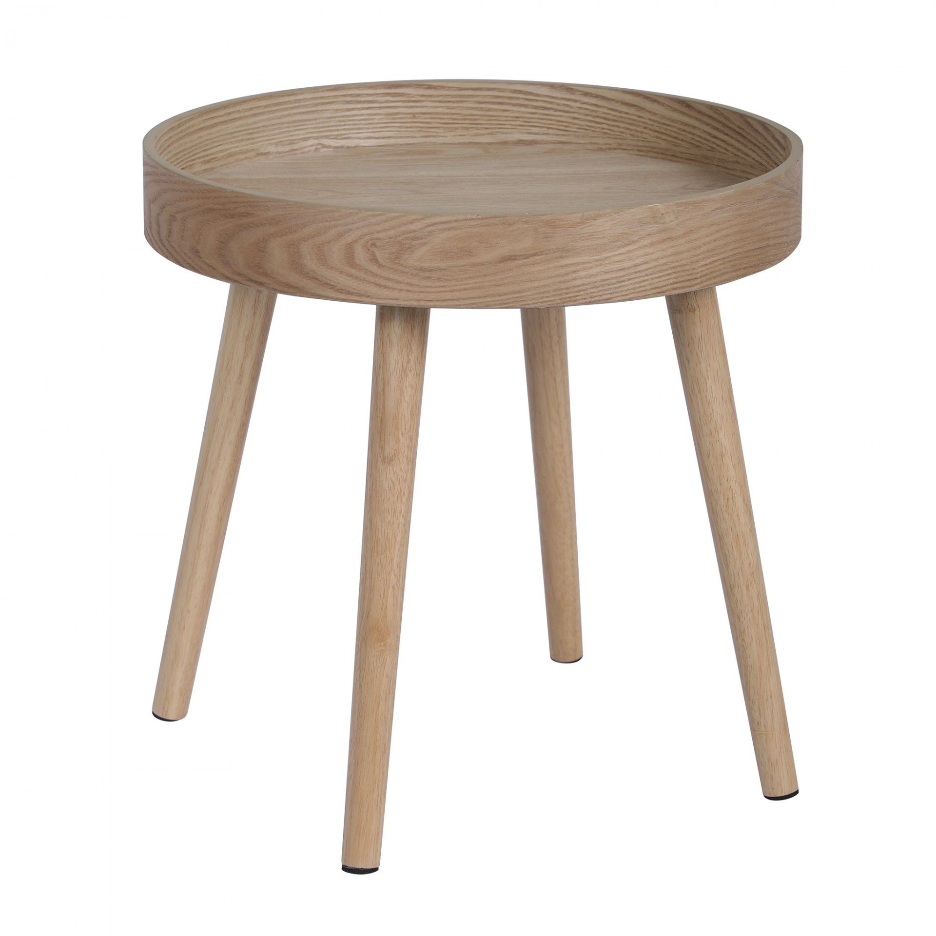 Mesa redonda pequena em madeira clara com quatro pernas