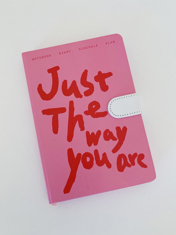 Caderno rosa com fecho branco e texto vermelho na capa