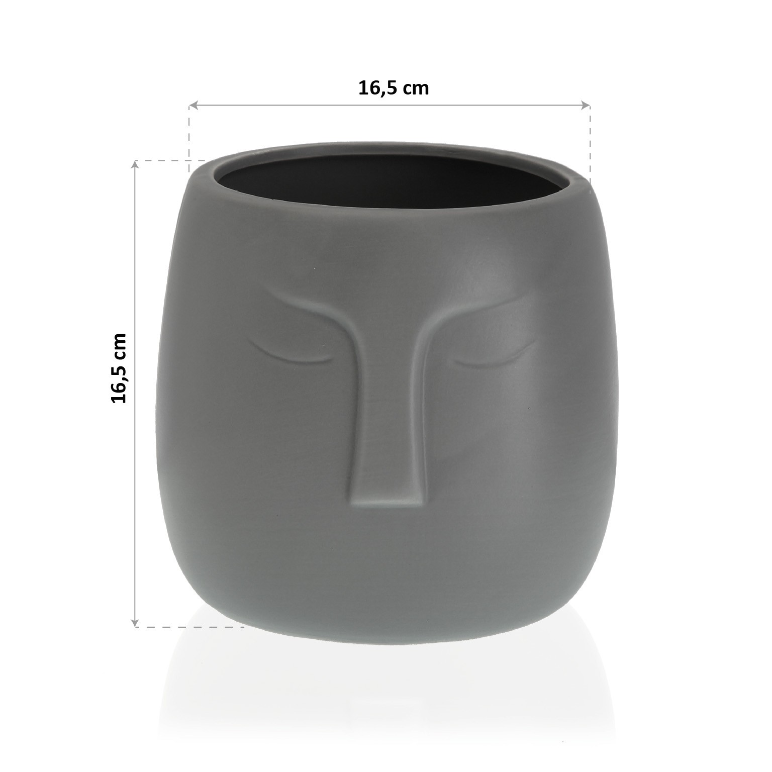 Vaso cinza com rosto estilizado em relevo