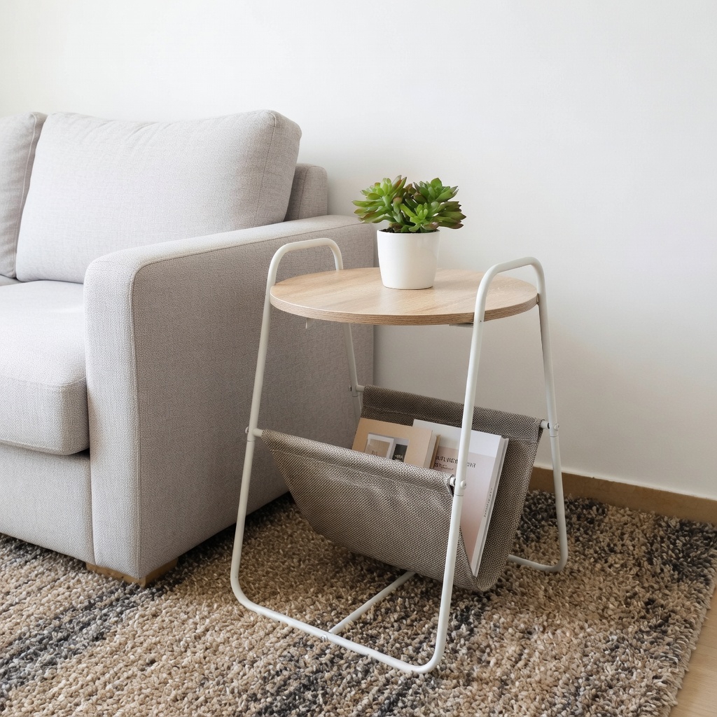Mesa de apoio redonda com tampo de madeira clara e recipiente de tecido para revistas, ao lado de sofá cinzento claro