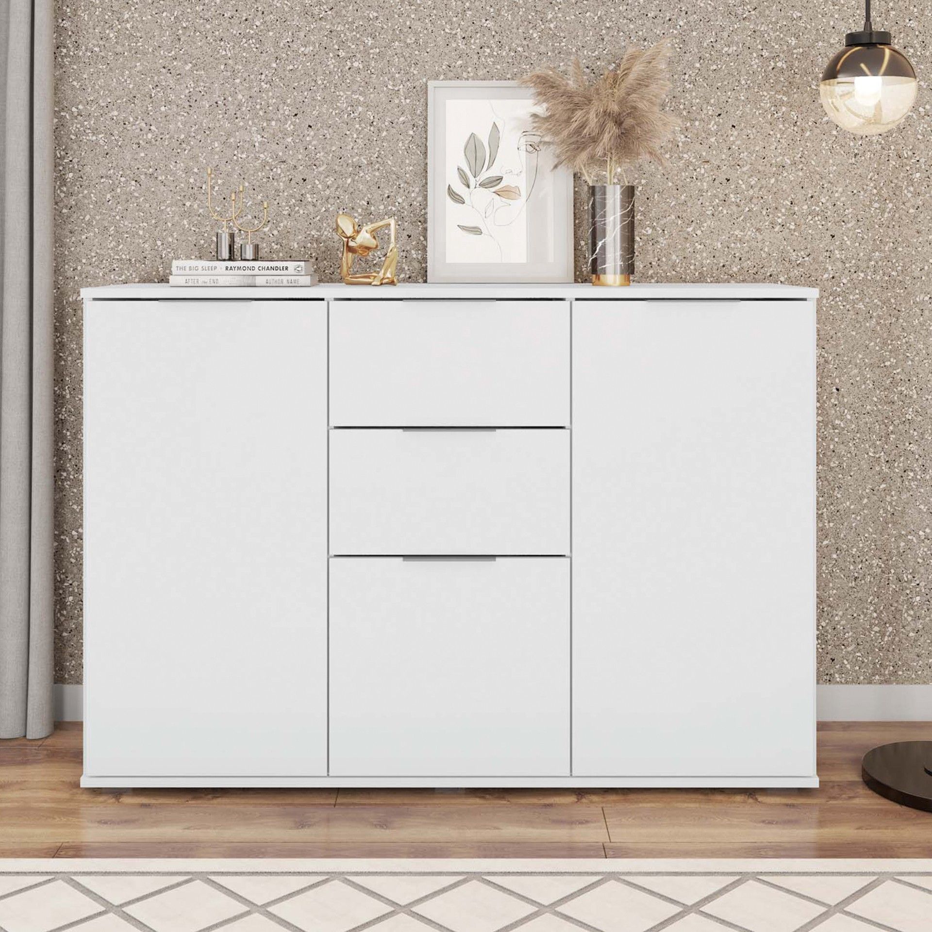 Aparador branco minimalista com decoração em sala