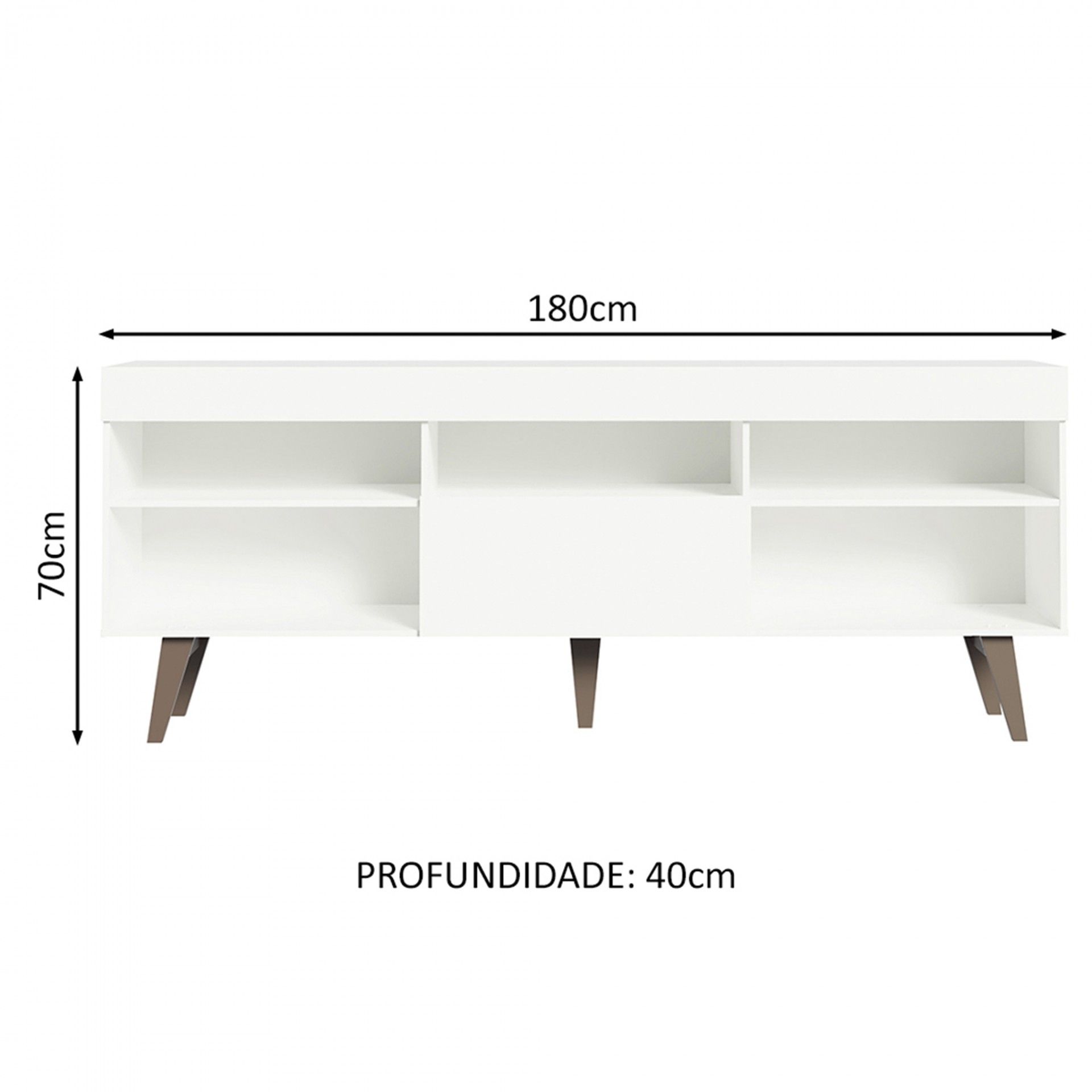 Móvel de apoio branco com pés em madeira escura e várias prateleiras