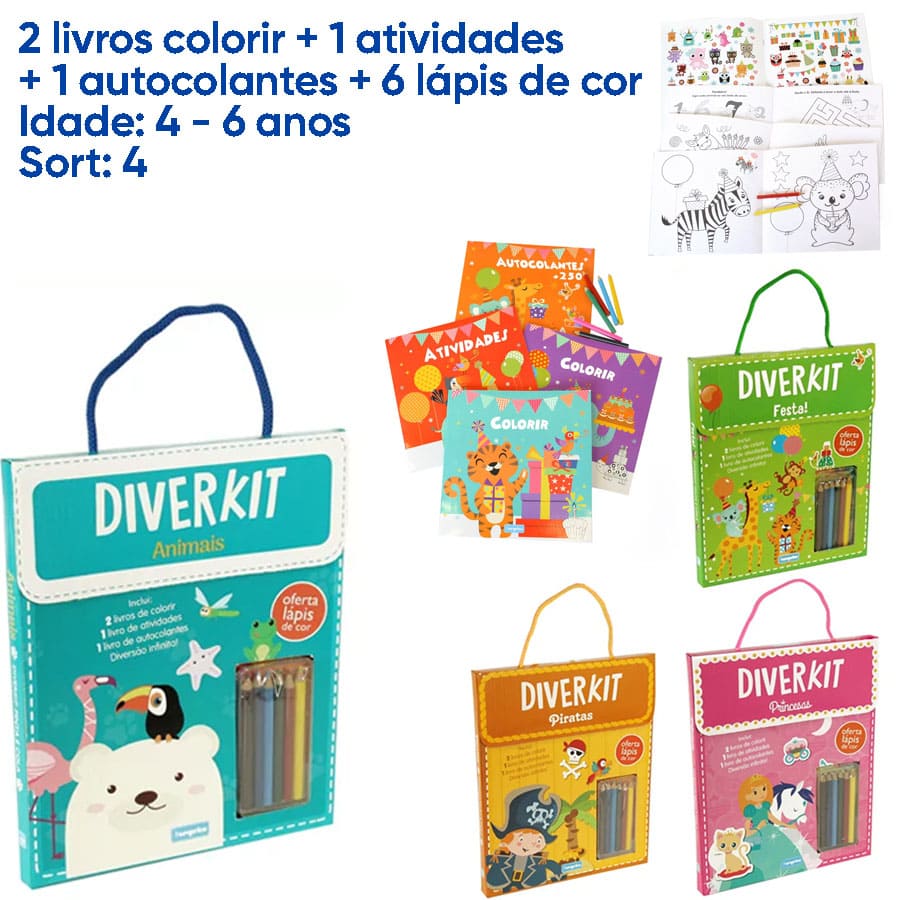 Conjuntos DIVERKIT colorir e atividades com lápis de cor e autocolantes em embalagens temáticas coloridas